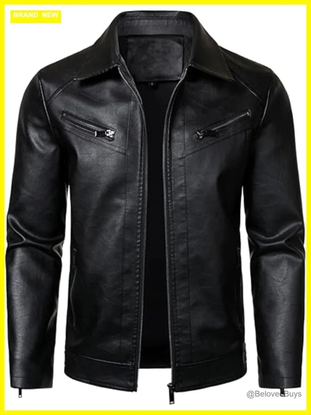 Classic PU Leather Biker Jacket with Turn Down Collar, Zip Closure,